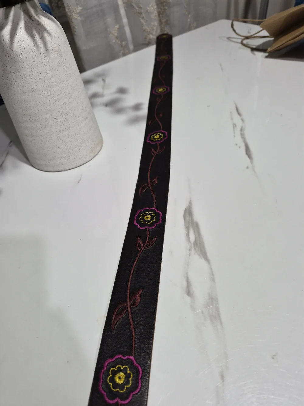Linea Pelle Black Leather Belt with Pink and Yellow Floral Accent
